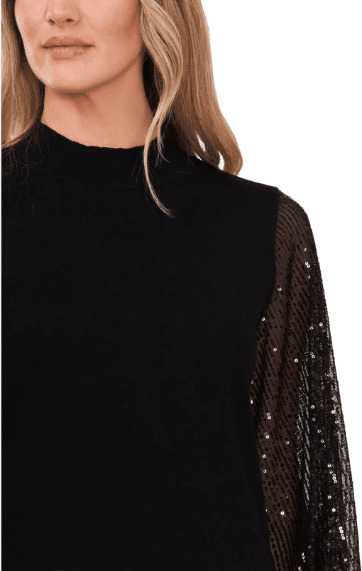 CeCe Womens Sheer-Sequin-Sleeve Mo Rich Black XL - Image 3