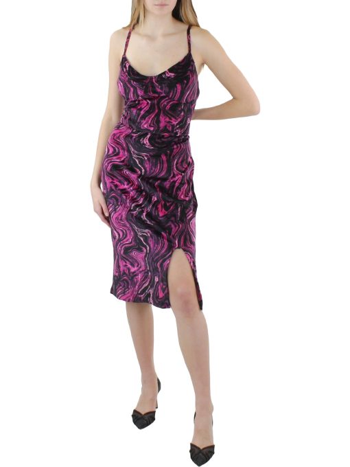 DEREK HEART Womens Purple Stretch Slitted Pullover Padded Cups Printed Spaghetti Strap Sweetheart Neckline Below the Knee Party Sheath Dress Juniors L