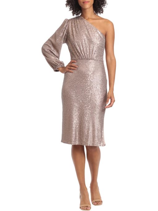 Adrianna Papell Champagne Sequin One Shoulder Midi Dress - Size 4 - Party Dress