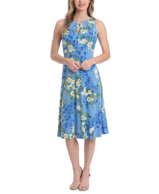 London Times Womens Floral-Print Pleated K Blue 6