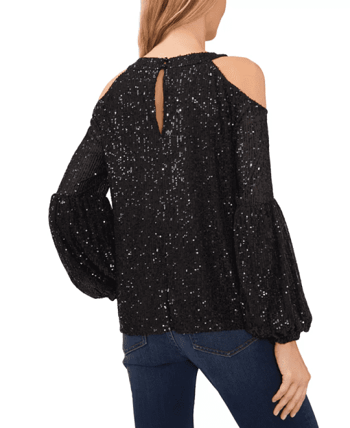 CeCe Womens Sequined Cold-Shoulder Classic Navy S - Image 2