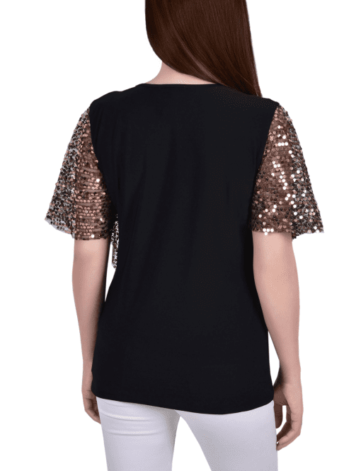 NY Collection Petite Sequin-Front Poncho Top Gold Discoball PXL - Image 2