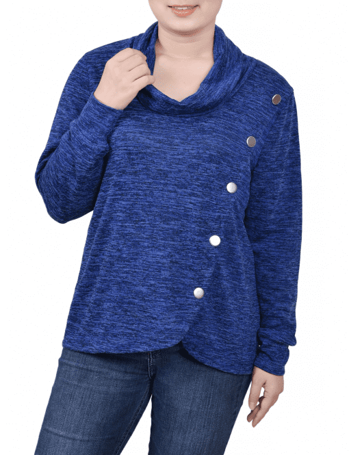 NY Collection Petite Size Long Sleeve Overla Royal PS - Image 2