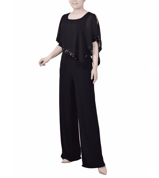 NY Collection Black Petite Jumpsuit with Poncho Overlay - Evening Wear - Image 4