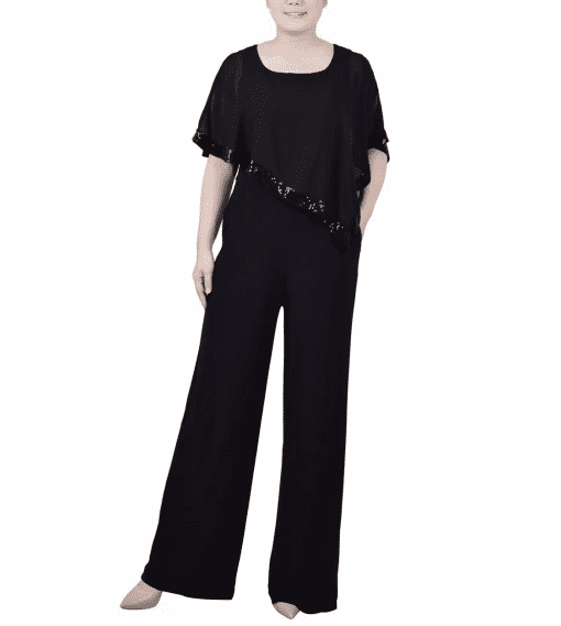 NY Collection Black Petite Jumpsuit with Poncho Overlay - Evening Wear - Image 2