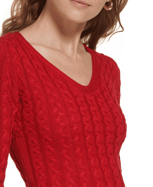 Jessica Howard Petite V-Neck Cable-Knit Sweat Red PM - Image 4