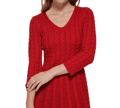 Jessica Howard Petite V-Neck Cable-Knit Sweat Red PM - Image 3