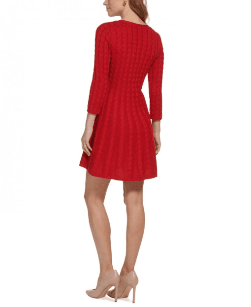 Jessica Howard Petite V-Neck Cable-Knit Sweat Red PL - Image 2