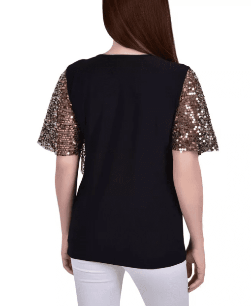 NY Collection Petite Sequin-Front Poncho Top Gold Discoball PL - Image 2