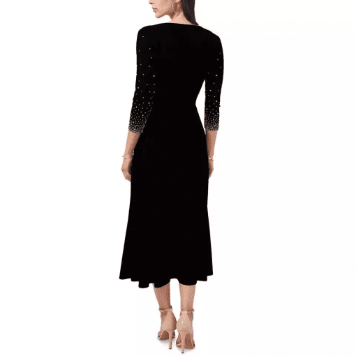 MSK Womens Black Stretch Beaded Belted Jersey Knit Pullover Unlined 3/4 Sleeve V Neck MIDI Fit + Flare Dress M - Image 3