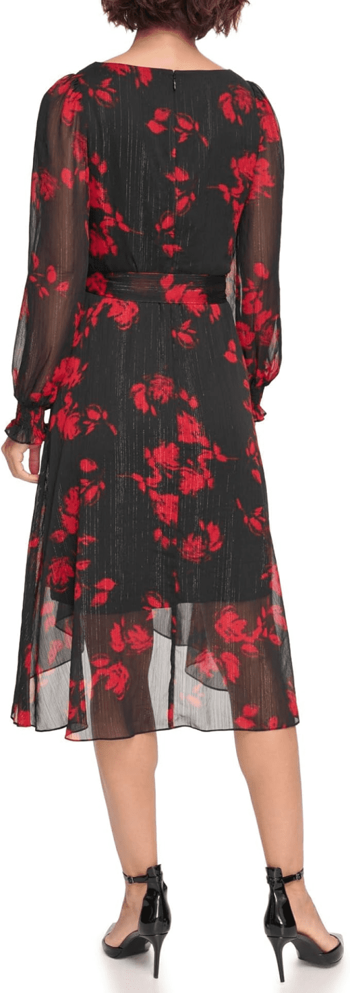 DKNY Womens Printed Chiffon Faux-W BlackScarlet 8 - Image 2