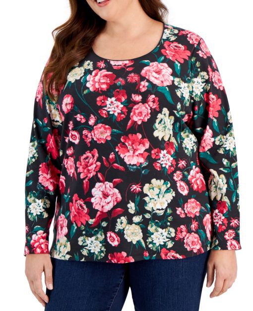 Karen Scott Plus Size Floral Print Scoop-Neck Top, Deep Black 1X