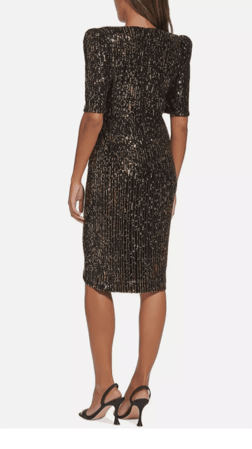 Calvin Klein Womens Sequined V-Neck Elbow- BlackGold 6 - Image 2