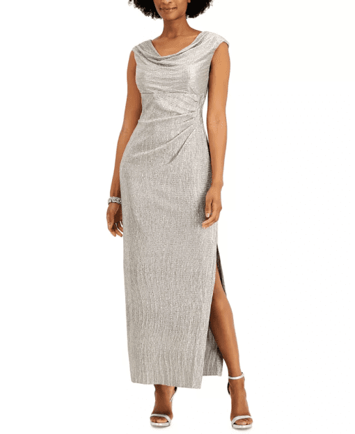 Connected Petite Cowlneck Metallic Gown Stone Gray 4P - Image 2