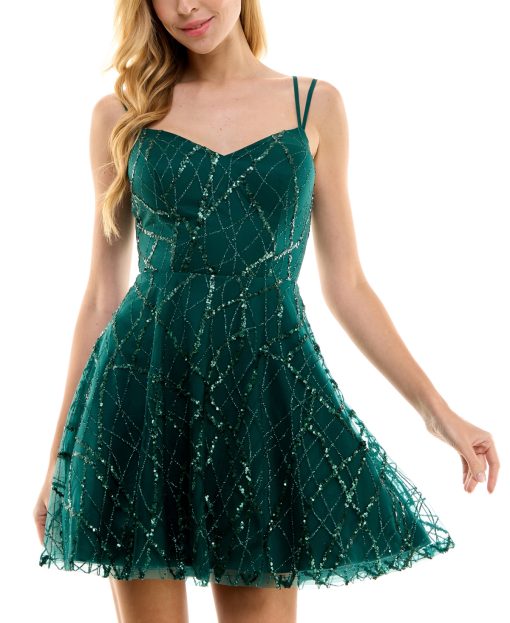 City Studios Juniors' Sequined Glitter-Mesh Skater Dress - Hunter Green 1/2