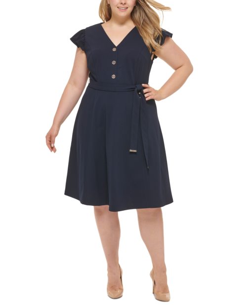 TOMMY HILFIGER Women's Navy Zippered Belted Logo Buttons Flutter Sleeve V Neck Above the Knee Wear to Work Fit + Flare Dress Plus 20W