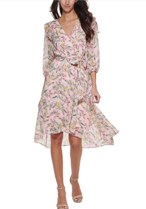 TOMMY HILFIGER Women's Pink Zippered Sheer Lined Tie Belt Hi-lo Hem Ruffled Floral Balloon Sleeve Surplice Neckline Below the Knee Faux Wrap Dress