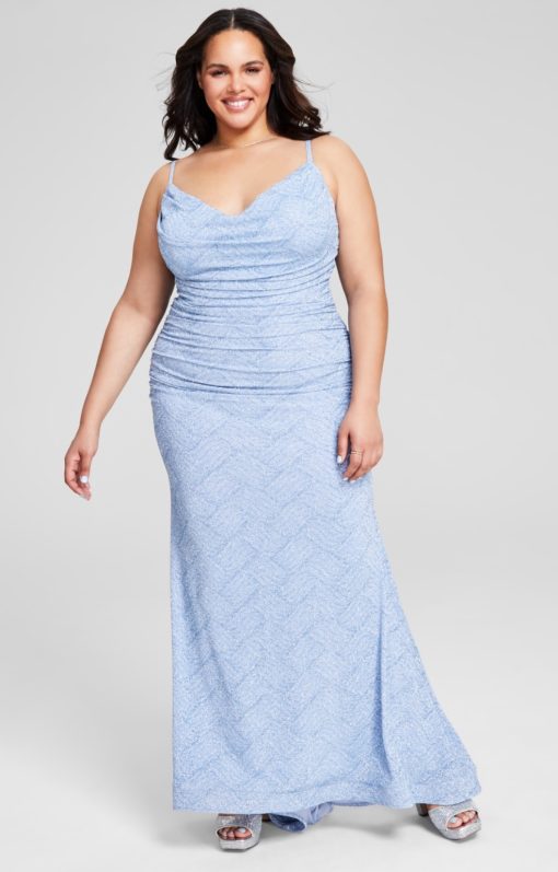 B Darlin Trendy Plus Size Glitter-Knit Ruched Gown - Light Blue/Light Blue 14W