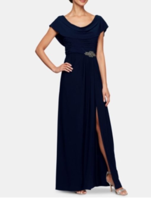 Alex Evenings Women's Embellished-Waist Cowlneck Gown - Navy 8