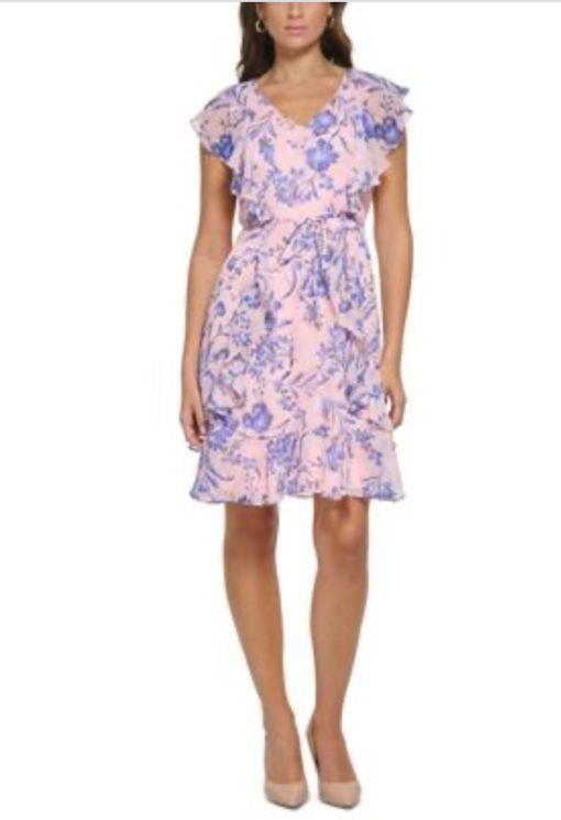 Tommy Hilfiger Petite Printed Ruffled a-Line Dress - Balrna Pnk 8P