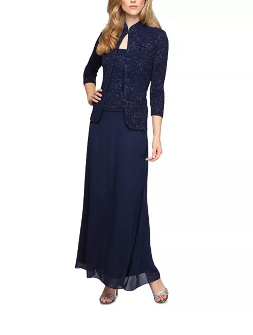 Alex Evenings Dress and Jacket, Patterned Sparkle Evening Dress - Navy 14