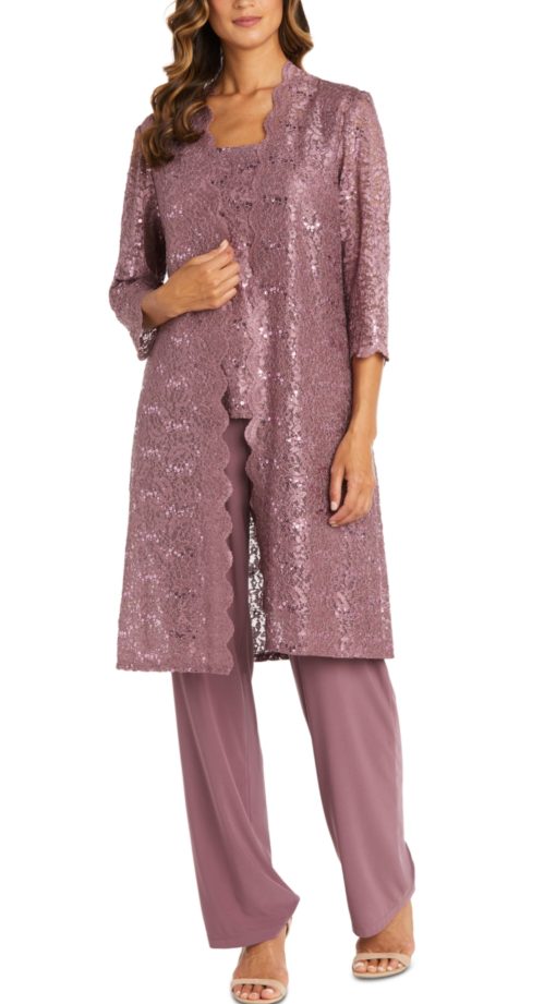 R & M Richards Petite 3-Pc. Sequined-Lace Jacket, Top & Pants - Dark Rose 6P