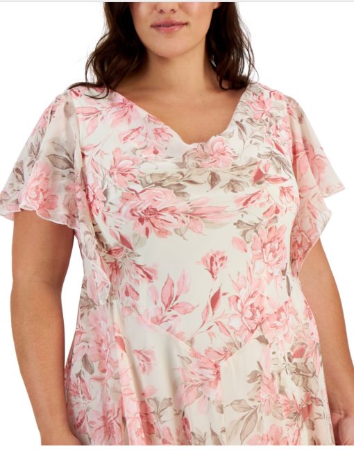 Robbie Bee Plus Size Flutter-Sleeve Handkerchief-Hem Dress - Ivory/Blush 18W