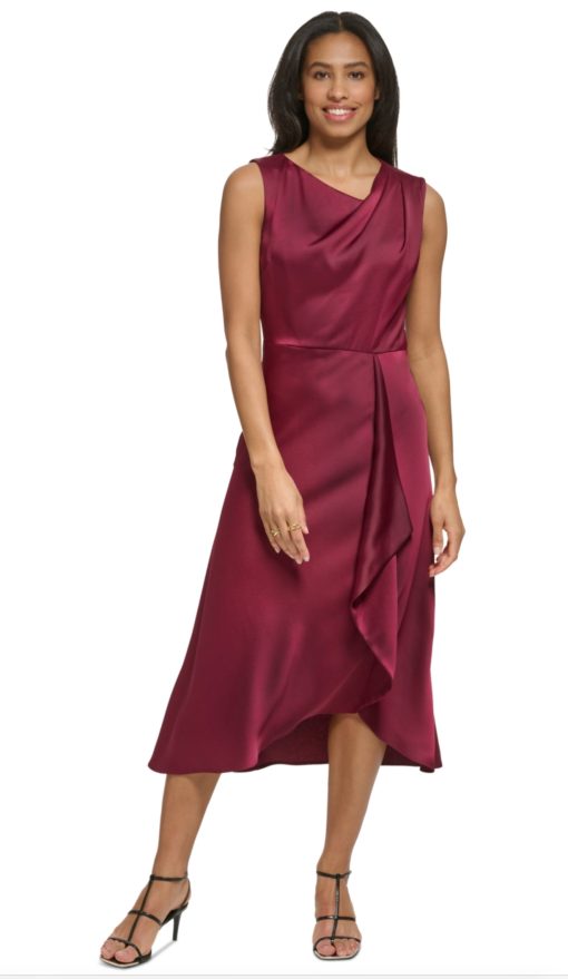 Dkny Women's Sleeveless Asymmetric Faux-Wrap MIDI Dress - Maroon 4