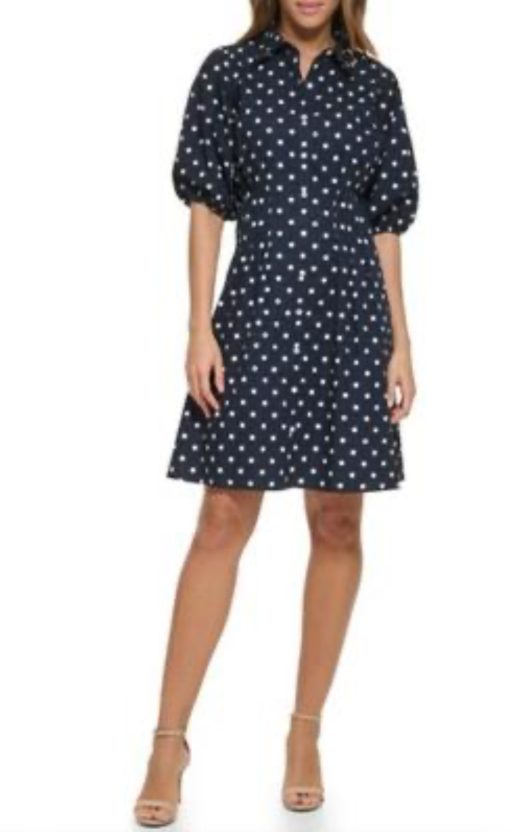 Tommy Hilfiger Women's Cotton Polka Dot Balloon-Sleeve Shirtdress - Sky Captain/bright White 12