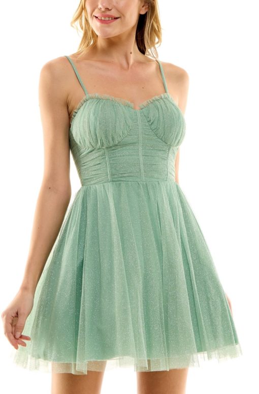 City Studios Juniors' Glitter-Tulle Ruched-Bodice Skater Dress, Created for Macy's - Sage/Silver 11/12