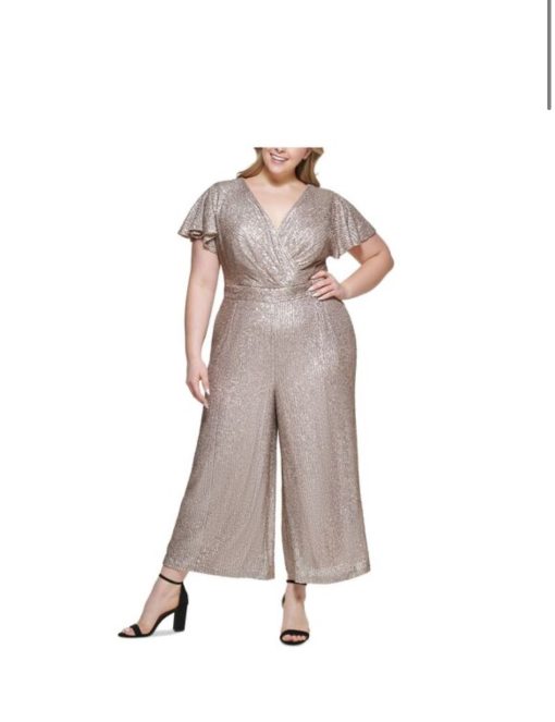 Eliza J Plus Size Flutter-Sleeve Wide-Leg Jumpsuit - Taupe 22W