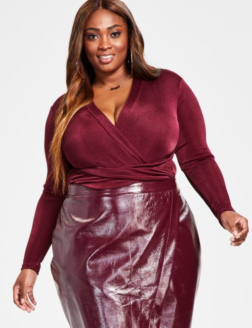 Nina Parker Trendy Plus Size Crossover Bodysuit - Burgundy 2X