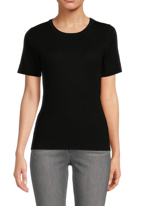 Karl Lagerfeld Black Ribbed Knit Top - Medium - Women's Tee