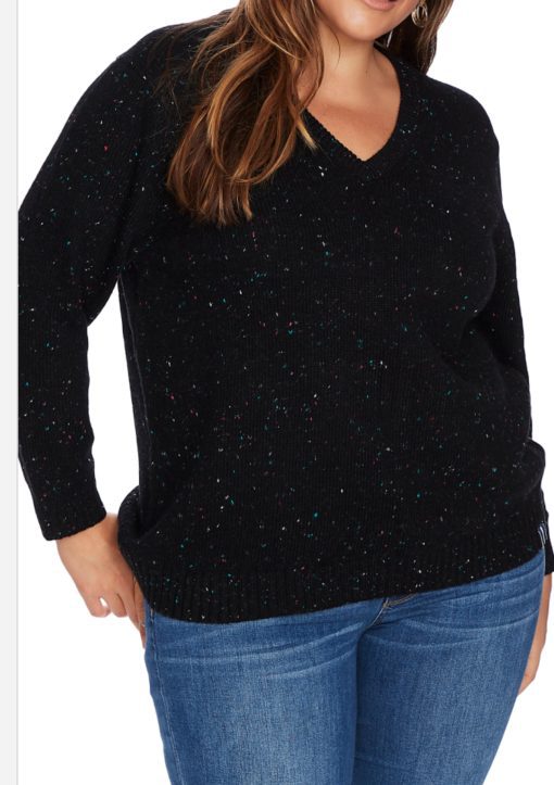 Court & Rowe Speckled V-Neck Cotton Blend Sweater, Size 3X - Black