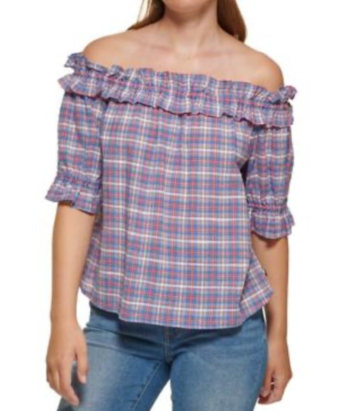 Tommy Hilfiger Womens Ruffled Plaid Blouse XXL