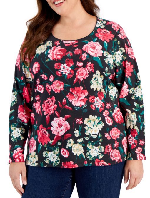 Karen Scott Plus Size Floral Print Scoop-Neck Top, Deep Black