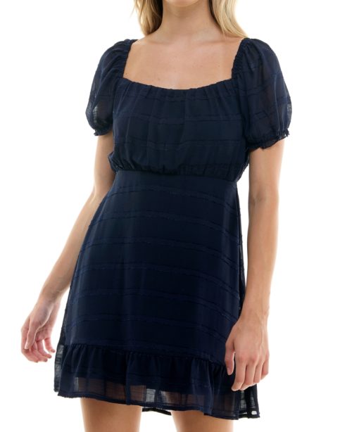 Speechless Juniors' Puff-Sleeve Fit & Flare Dress - Navy XXS