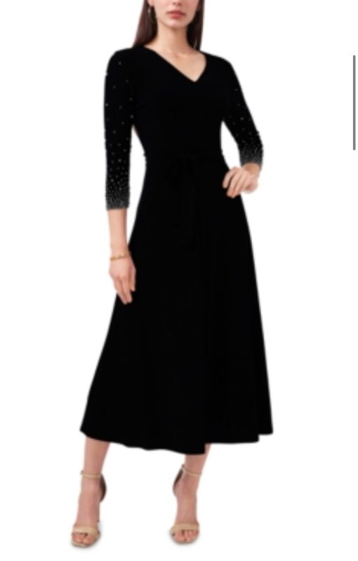 MSK Womens Black Stretch Beaded Belted Jersey Knit Pullover Unlined 3/4 Sleeve V Neck MIDI Fit + Flare Dress M