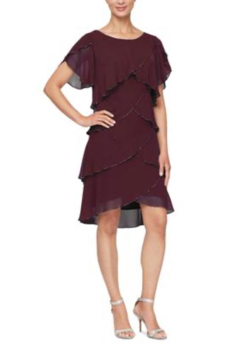 SL Fashions Aubergine Beaded Tiered Dress Size 16 - Cocktail Dress