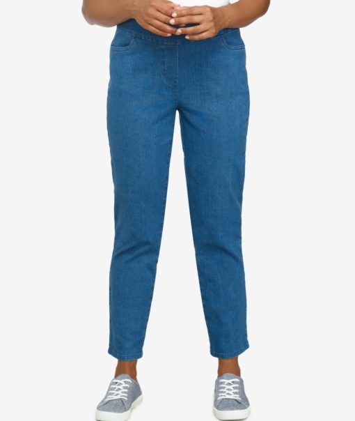 Alfred Dunner Petite Mid-Rise Pull on Straight Leg Denim Pants, Med Denim 12P