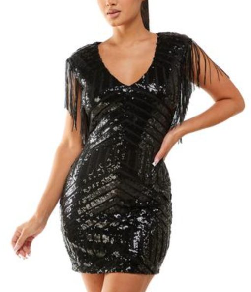 City Studios Juniors' Fringe-Trim Sequin Mesh Dress - Black