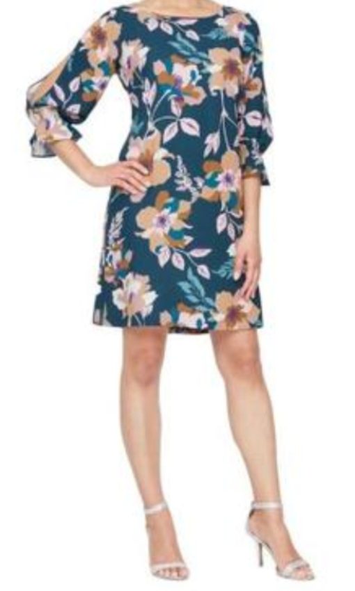 Sl Fashions Women's Floral-Print Ruffled Shift Dress - Teal 10