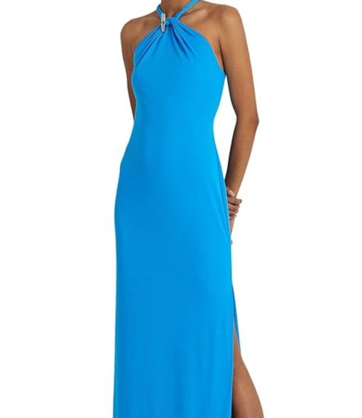 LAUREN Ralph Lauren Jersey Halter Gown (Blaze Ocean) Women's Dress 10