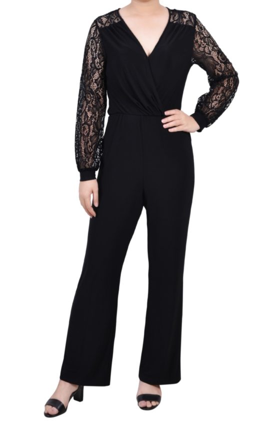 NY Collection Womens Petites Surplice Lace Trim Jumpsuit PL