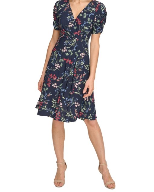 Tommy Hilfiger Floral Ruche Empire Waist Fit-and-Flare (Sky Captain/Blue) Women's Dress 2