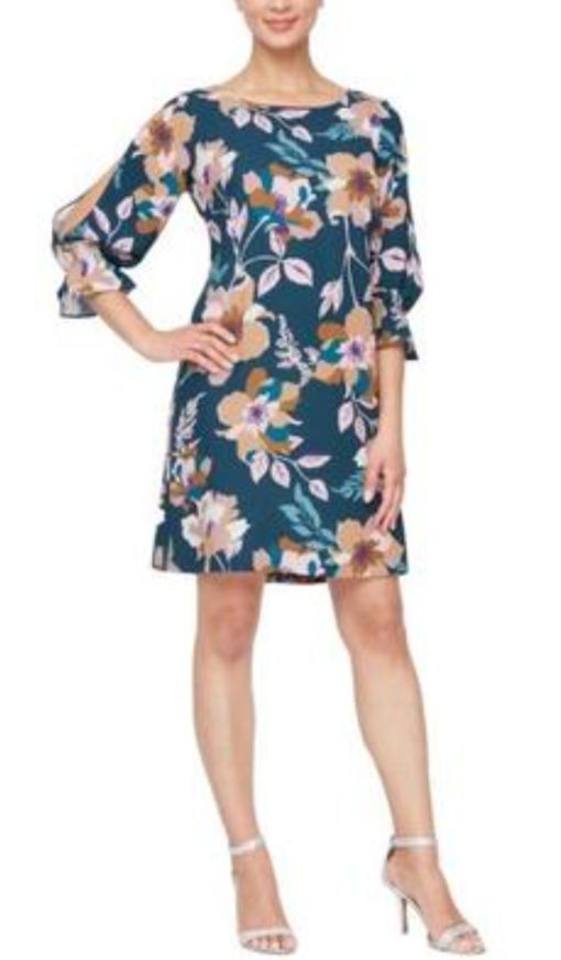 Sl Fashions Women's Floral-Print Ruffled Shift Dress - Teal 10