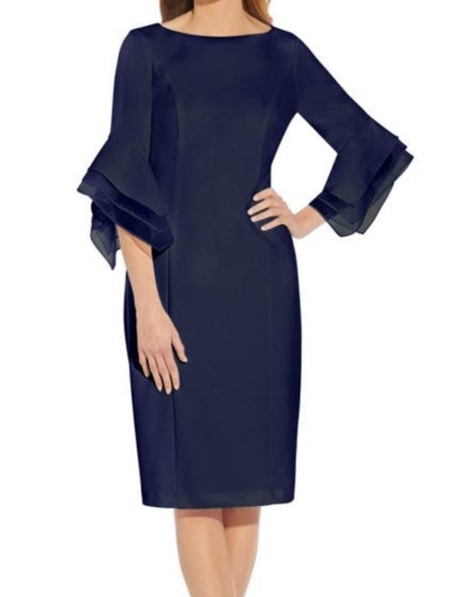 Adrianna Papell Stretch Knit Crepe Sheath Dress with Tiered Organza Bell Sleeve (Navy Sateen) Women's Dress