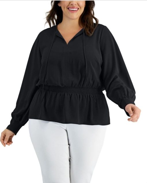 Alfani Plus Size Smocked Peplum Top,- Deep Black 2X