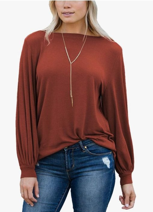 Amaryllis Apparel Women's Boatneck Long Blouson Sleeve Knit Blouse 2X