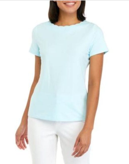 Anne Klein Blue Scallop Neck Tee, X-Large, Women's Tops